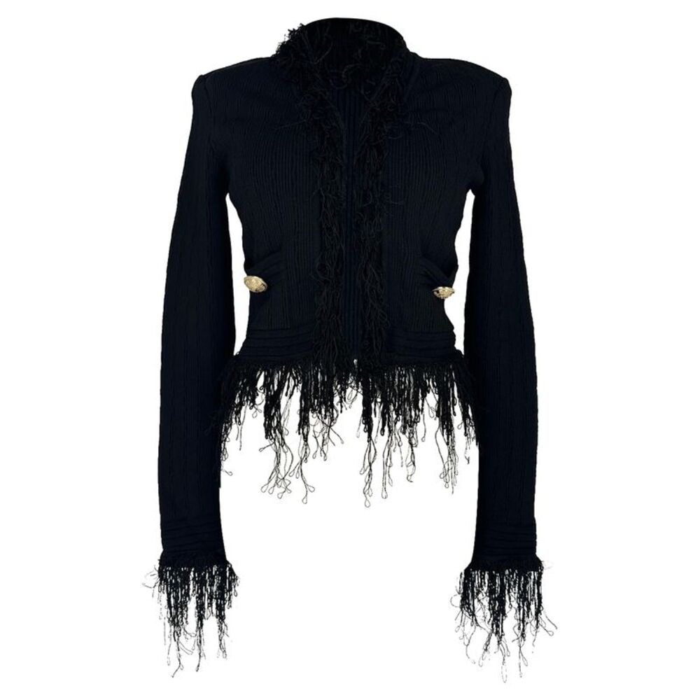 Balmain Knitted Fringed Cropped Jacket in Black Viscose
